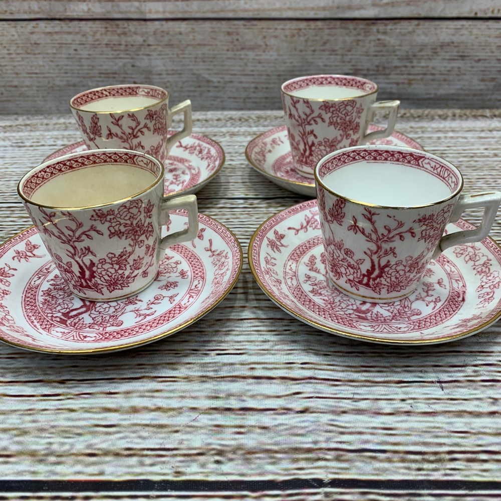 Antique Red Floral Tea Cups and Saucers Set of 4 Orchid China Vintage